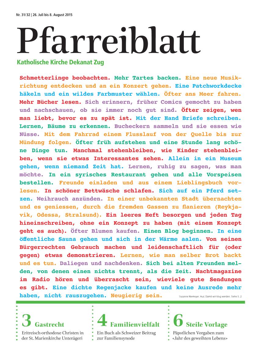 Cover Pfarreiblatt Zug, Nr. 31/32 2015